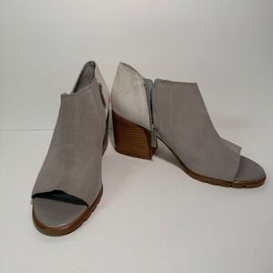 Sorel Peep Toe Booties Suede Leather Block Heel Gray Ankle Boots Size 9.5
